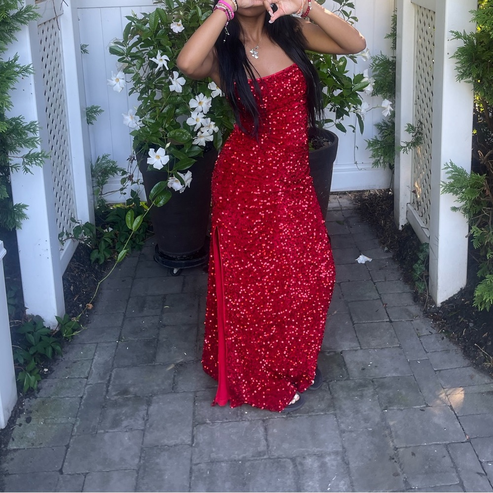 Shein red prom dress.